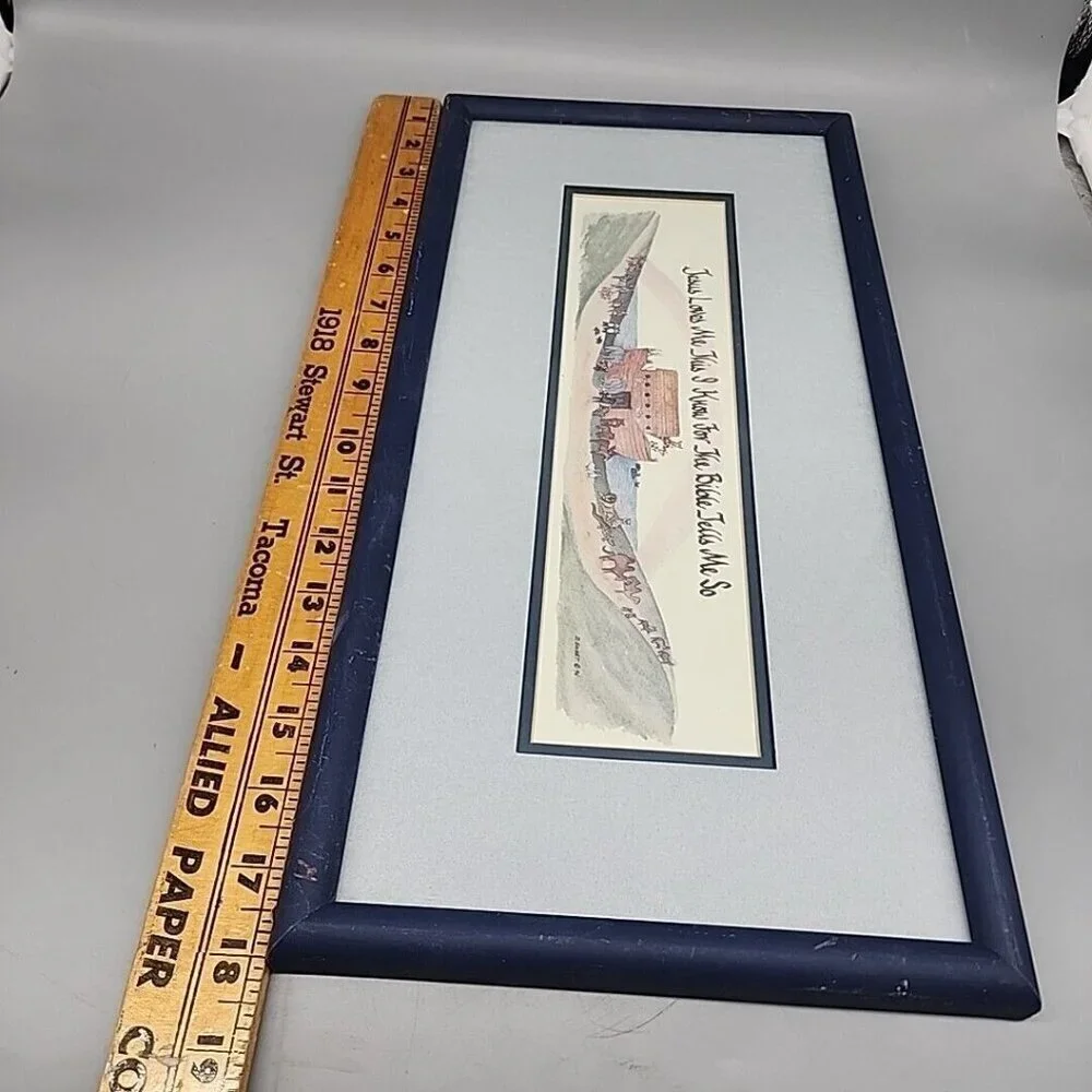 Vintage Blue Framed Water Color Noahs Arc Jesus Loves Me Bible Tells Me So 1994